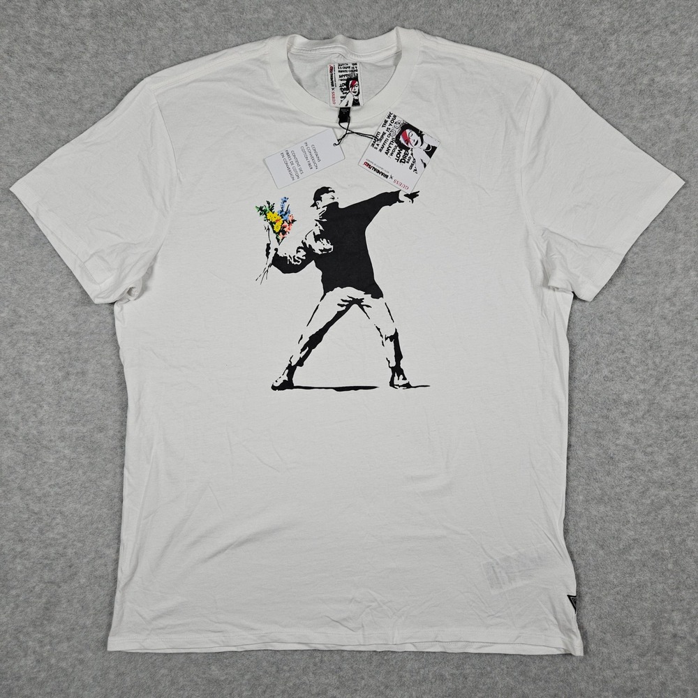 Guess Banksy Large White T-Shirt Flower Stencil Brandalised Graffiti Art Tee New